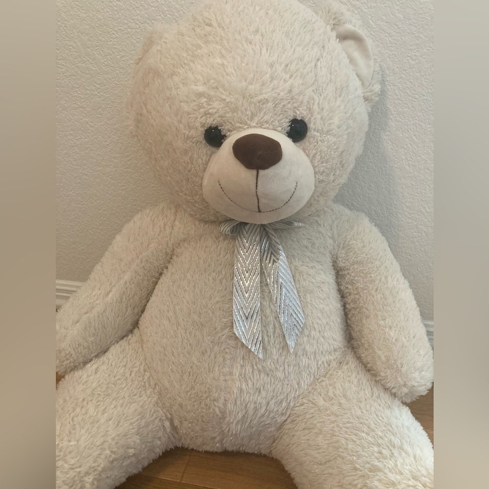 Snuggle XL Cream Teddy Bear with Tinsel Fur and Bow  36” - Great for Kids Room